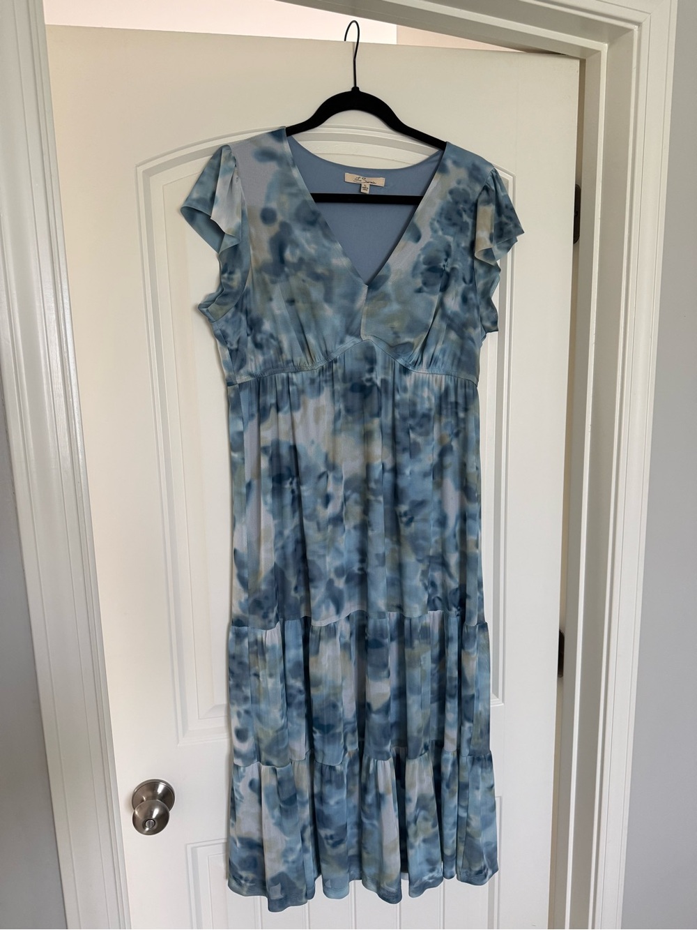 Blue Watercolor V-Neck Tiered Midi Dress